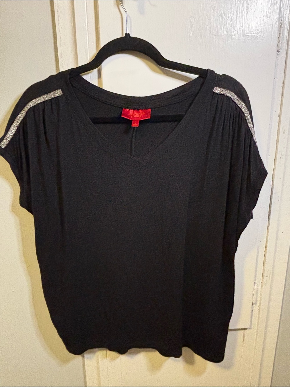 Jennifer Lopez Black Short Sleeve Top with Silver Shoulder Trim